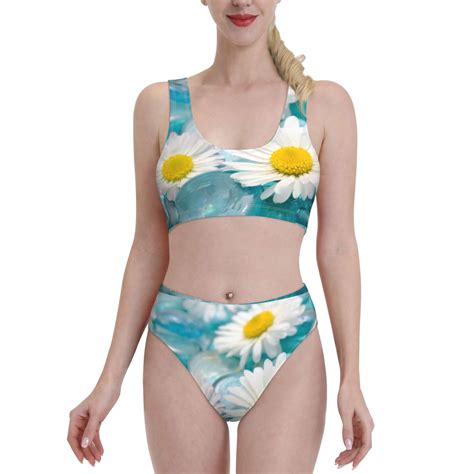 Adobk Daisy Flowers Print Women High Waisted Bikini Set Sports Swimsuit