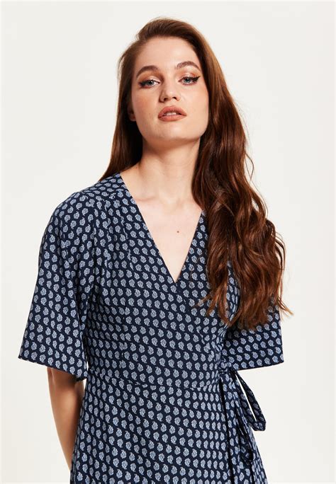 Womens Midi Wrap Dress In Navy With Kimono Sleeves And Floral Print