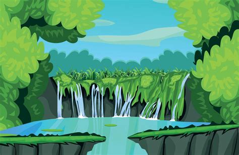 2D game background beautiful natural waterfalls in the middle of the forest 11084670 Vector Art ...