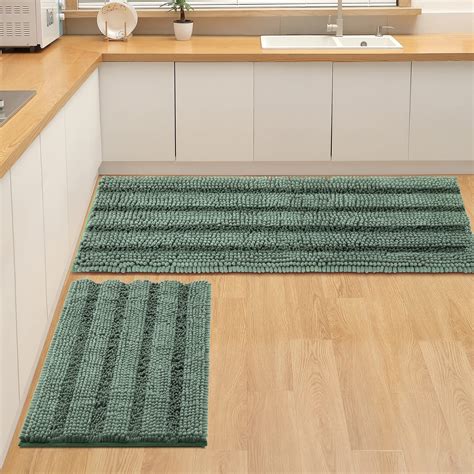 Floleopa Non Slip Thick Shaggy Chenille Sage Green Bathroom Rug Sets 2