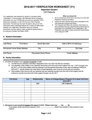 Fillable Online Uwplatt 2016 2017 V1 Dependent Verification Form 010913