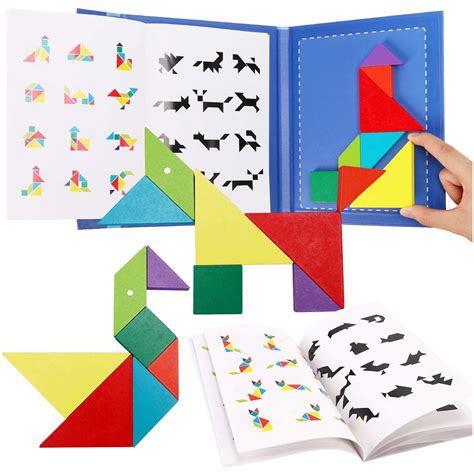 Wooden Travel Tangram Puzzle For Kids Magnetic Pattern Block Book Road