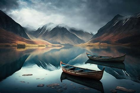 Premium Ai Image Solitary Boats On A Placid Lake In The Distance Of A