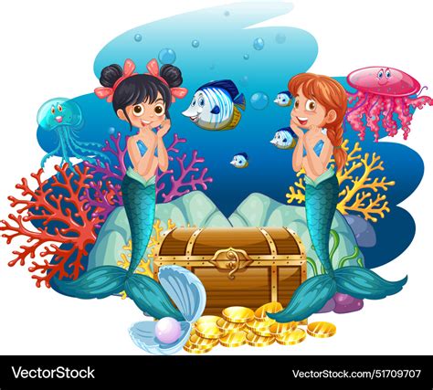 Two Mermaids Find A Treasure Chest Underwater Vector Image