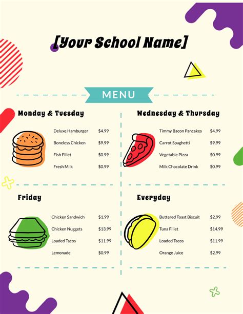 Free Elementary School Menu Template Edit Online And Download