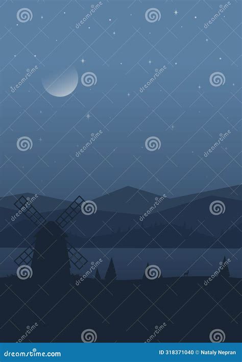 Rural Night Landscape With Windmills In Holland Illustration Vector 2d