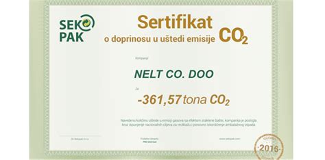 Certificate on reduction of harmful CO2 gas emissions | NELT