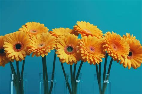 Creative Visual Arrangement With Yellow Gerbera Flowers On Vibrant Blue