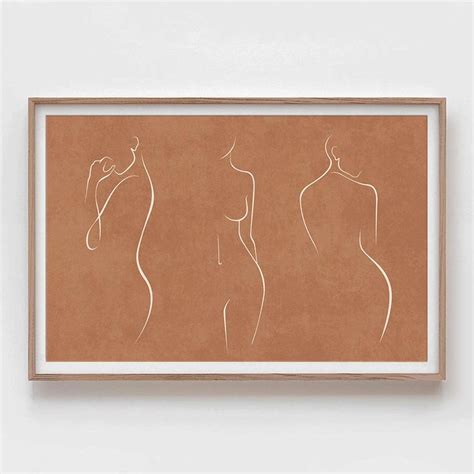 Terracotta Female Nude Line Art Orange Background Horizontal Poster