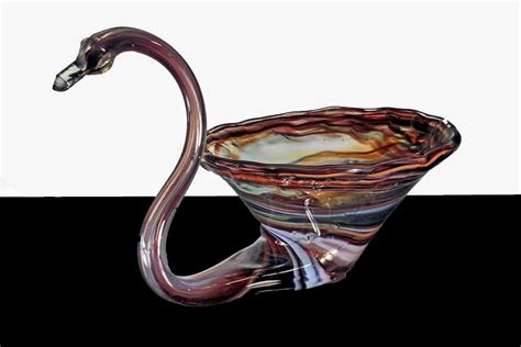 Art Glass Swan Bowl Multicolored Swirl Handblown 12 Inches In Length Swan Figurine