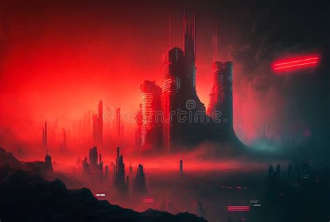 Skyline of Cyberpunk Red Neon City at Night. Giant Skyscrapers Emerge ...