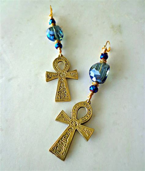 Solid Brass Egyptian Ankh Crystal Earrings Egyptian Statement Etsy