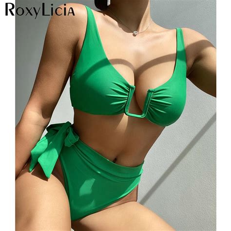 Buy U Neck Knotted Wrinkled Female Swimsuit High Waist Bikini Women