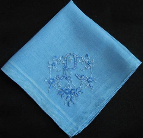 P Monogram Hanky Vintage Blue And White Embroidery Blue Linen Etsy