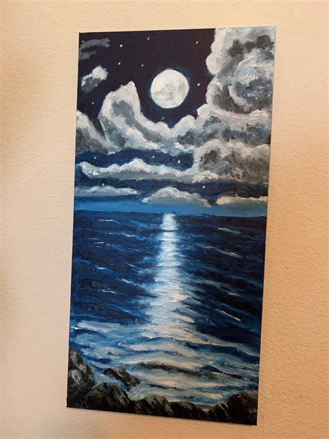 Moon Reflecting on Ocean, Oil Painting on Canvas, 12x24 Oil Painting on ...