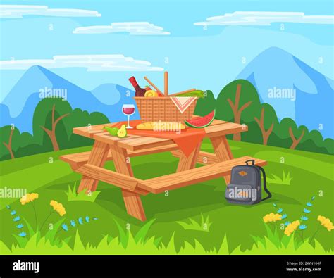 Picnic Table Landscape Spring Barbecue Or Summer Vacation Outdoor Scene Forest Park Cartoon