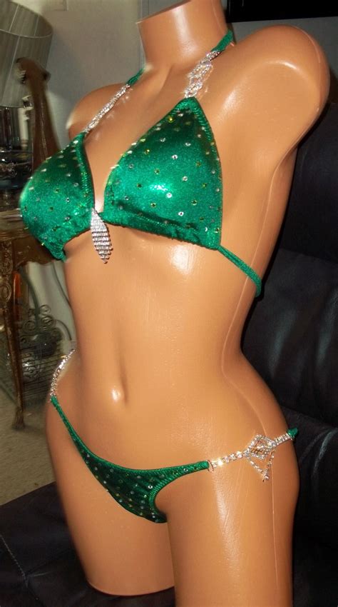 Style Kelly Green Metallic Competition Bikini With Rhinestone