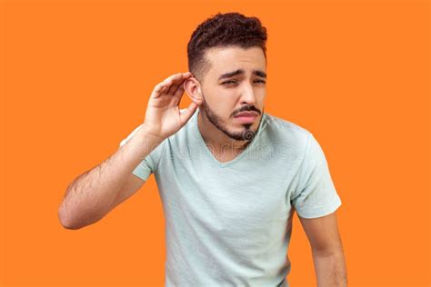 I Can`t Hear You Portrait Of Nosy Brunette Man Trying To Hear Gossip