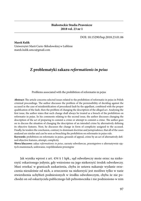 PDF Z Problematyki Zakazu Reformationis In Peius