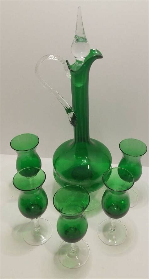 Vintage 1960 S Murano Venetian Emerald Green Hand Blown Wine Decanter W 5 Glass Etsy