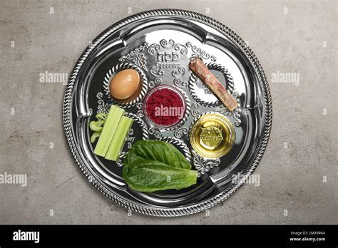 Passover Seder Plate Keara With Symbolic Meal On Grey Table Top View Pesah Celebration Stock