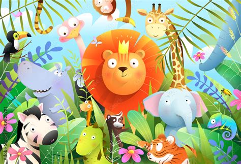 Jungle animals for children with lion king in tropical forest and his ...