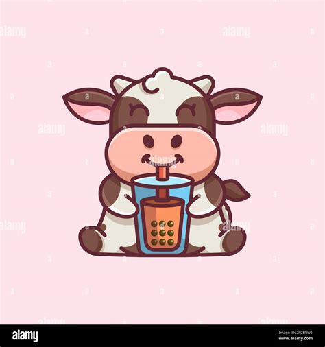 ILLUSTRATIONS OF COW DRINKING BOBA SUITABLE FOR LOGO MASCOTS STICKERS