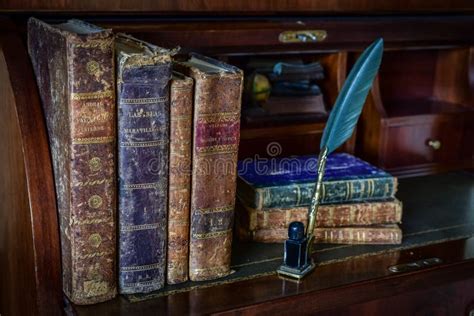 Old Books On Desk And Pen Writing Stock Photo Image Of Write Retro