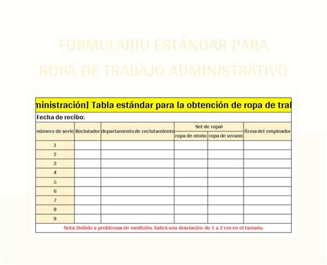 Plantilla De Formato Excel Formulario Estándar Para Ropa De Trabajo