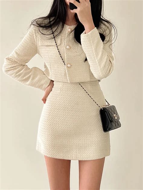 Two Piece Dress Korean Fashion Tweed Womens Outfits Autumn Long Sleeve