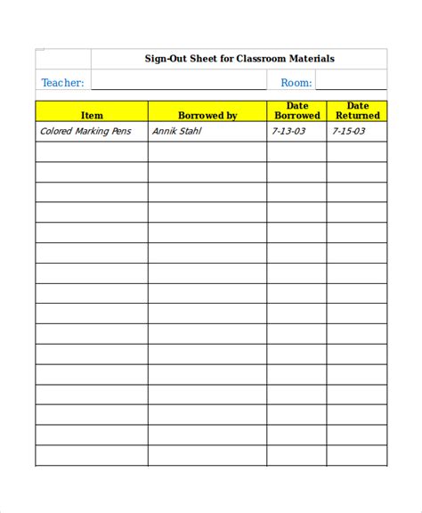 Classroom Library Sign Out Sheet