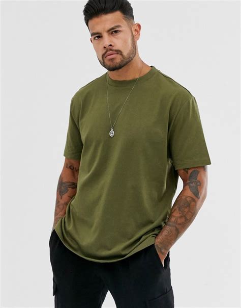 Asos Design Tall Organic Relaxed T Shirt With Crew Neck In Khaki Green