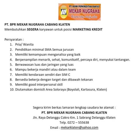 Lowongan Kerja Pt Bpr Mekar Nugraha Cabang Klaten Juli