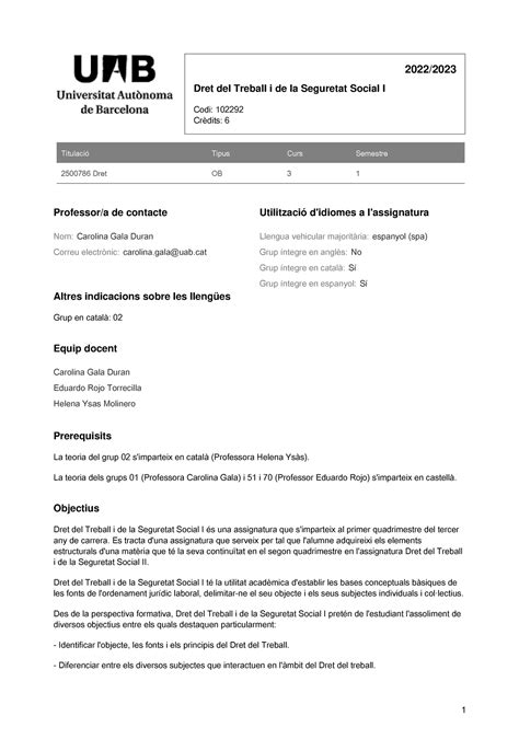 Derecho del trabajo i SS I Utilització d idiomes a l assignatura Grup