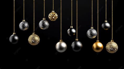 Realistic Black And White Christmas Balls Hanging On Gold Beads Chains ...