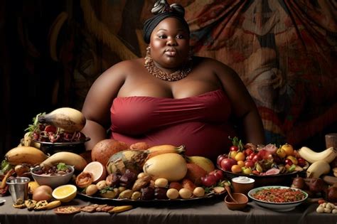 Premium AI Image Dark Skinned Plus Size Girl And A Lot Of Food Neural