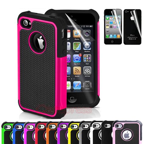 For Iphone 4 4s Black Rugged Rubber Matte Hard Case Cover W Screen Protect Ebay