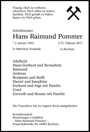 Traueranzeigen Von Hans Raimund Pommer Trauer In Nrw De