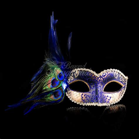 Gold Masquerade Mask Elegant Blue Peacock Feathers