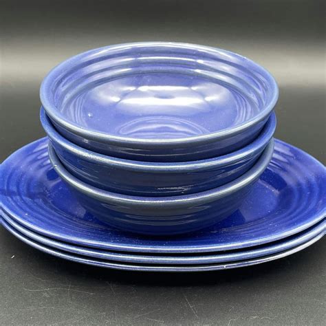 Lot Vintage Bauer Pottery Cobalt Blue Ringware Bowls And Oval