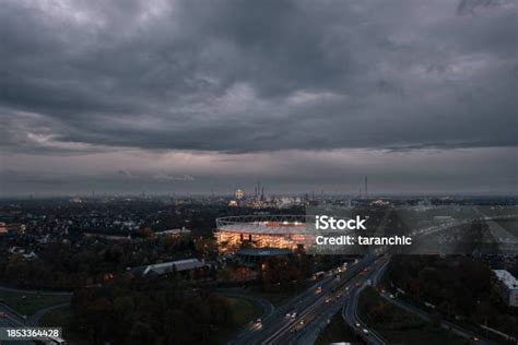 Aerial Night Panorama View Of The Illuminated Bayarena Stadium Before ...