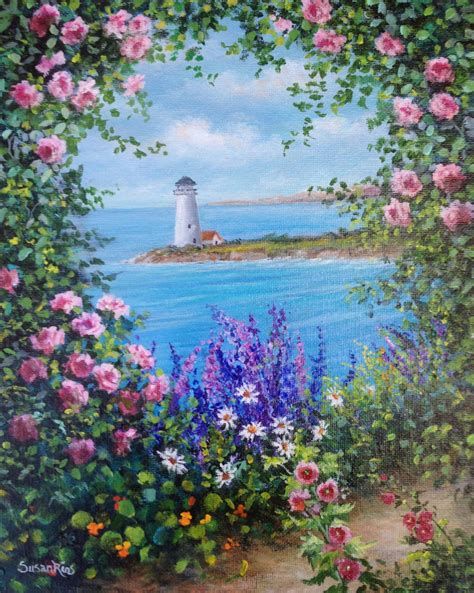 Lighthouse View Art Print Lighthouse And Roses Floral With Etsy