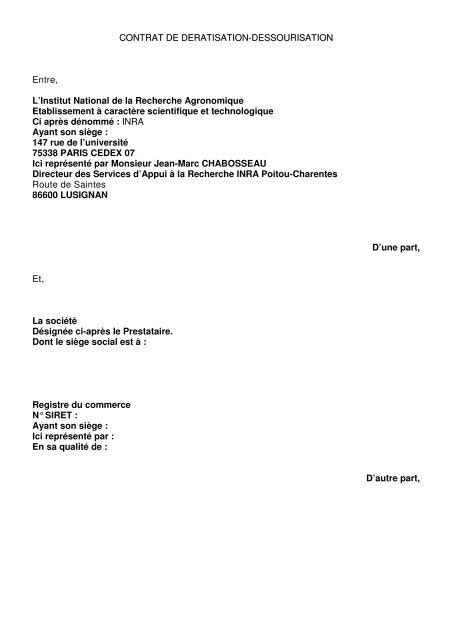 CONTRAT DE DERATISATION DESSOURISATIO NN Entre L Inra