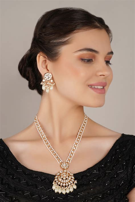 Buy White Kundan And Pearl Embellished Long Necklace Set By Chhavi S