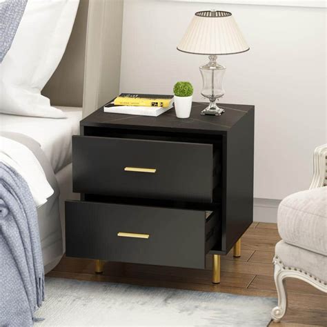 Fufuandgaga 2 Drawer Black Wood Nightstand With Metal Legs Side Table Bedside Table 21 In H X 20