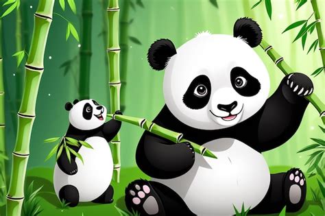 El lindo panda de dibujos animados comiendo bambú en el fondo del