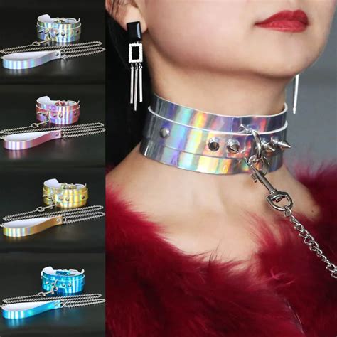 Sexy Rivet Metal Slave Holographic Laser Pu Leather Collar Traction