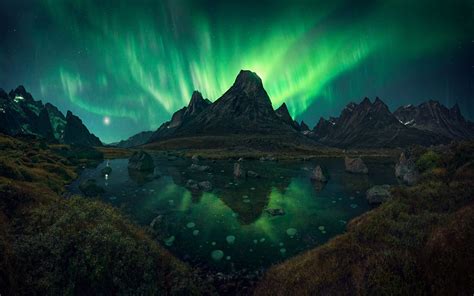 nature, Landscape, Aurorae, Mountain, Lake, Grass, Shrubs, Sky, Stars, Greenland, Summer ...