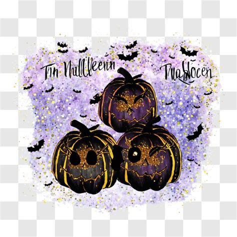 Descarga Anuncio de Halloween con Calabazas Moradas y Murciélagos PNG