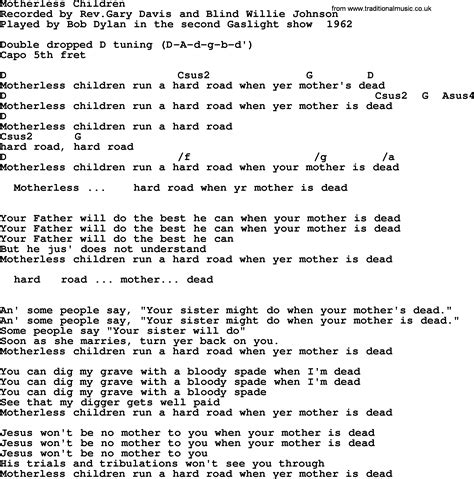Bob Dylan song - Motherless Children, lyrics and chords